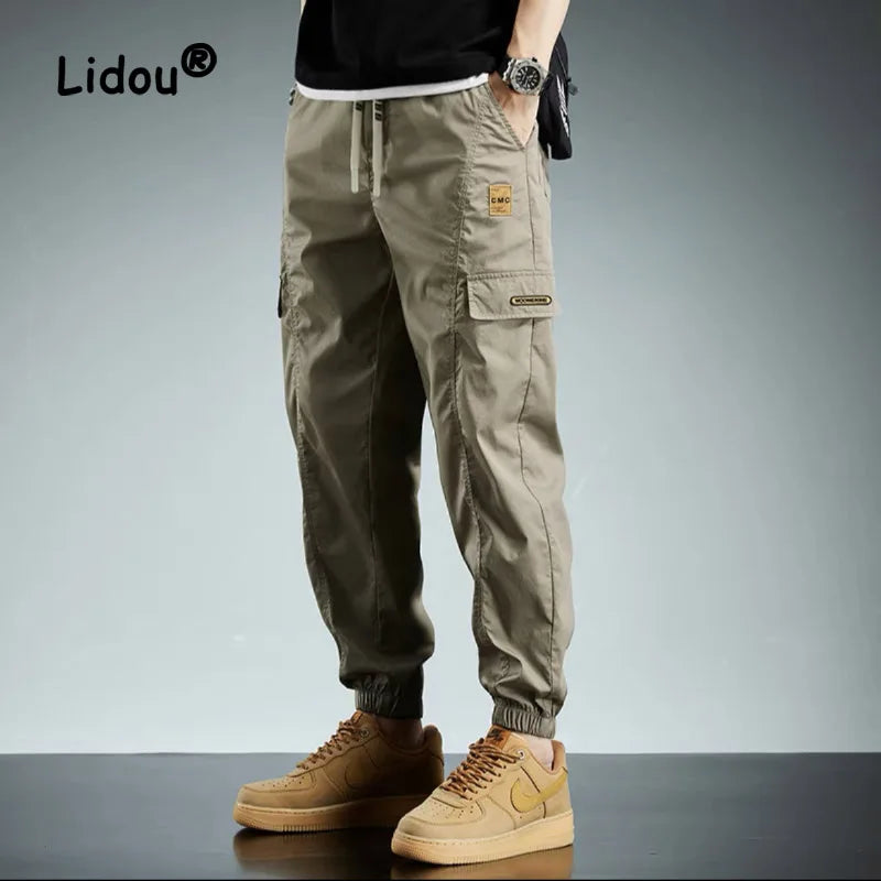 Classic Fashion Patch Multiple Pockets Men's Cargo Pants Waist Drawstring Thin Tie One's Feet Street Casual All-match Trousers