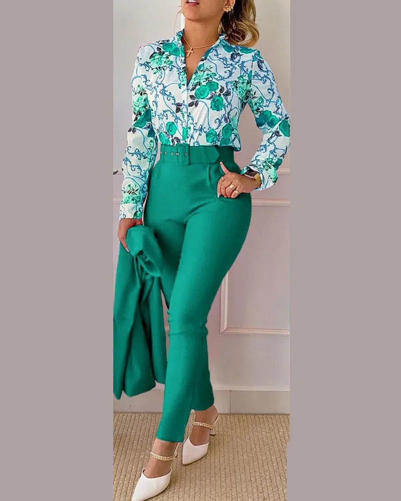 Elegant Long Sleeve Shirt Pants Set Office Lady Spring Autumn V Neck Floral Print Trousers Two Piece Set Women Outfit 2023