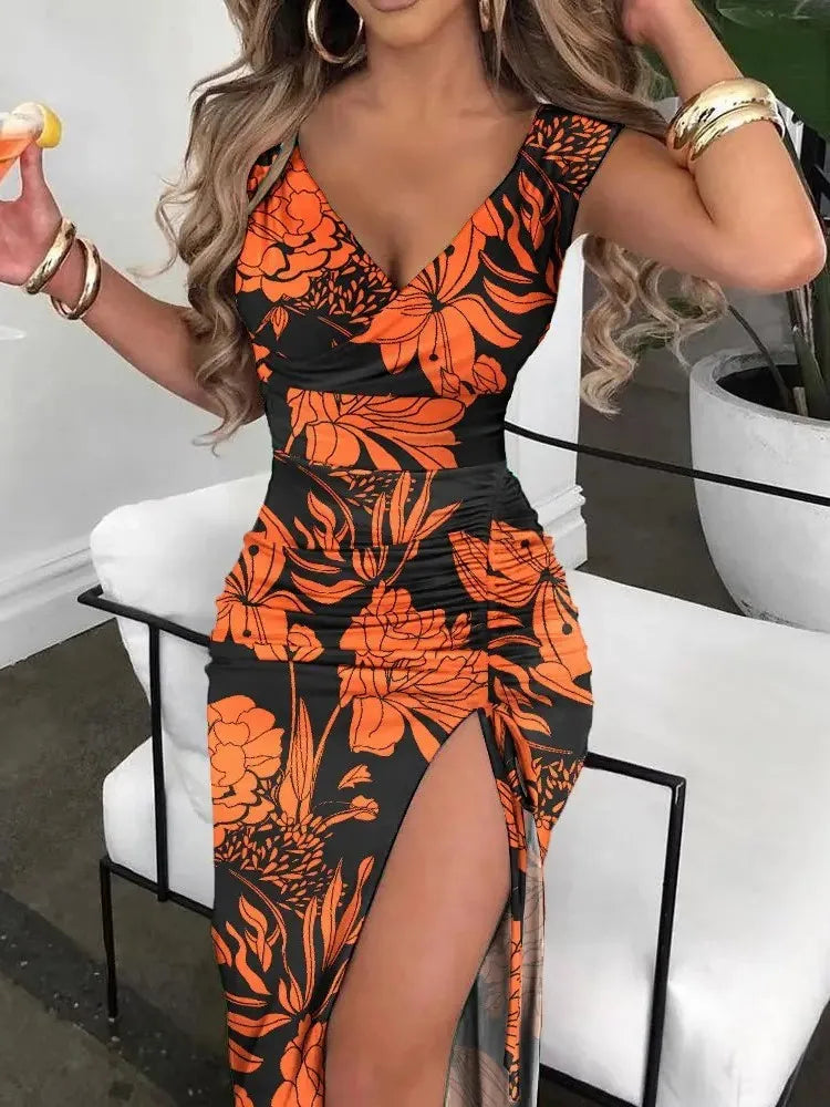 Summer Women Print Dress Fashion Casual Elegant V-neck Sleeveless Bodycon Beach Party Dresses Robe Femme 2024 New Vestidos