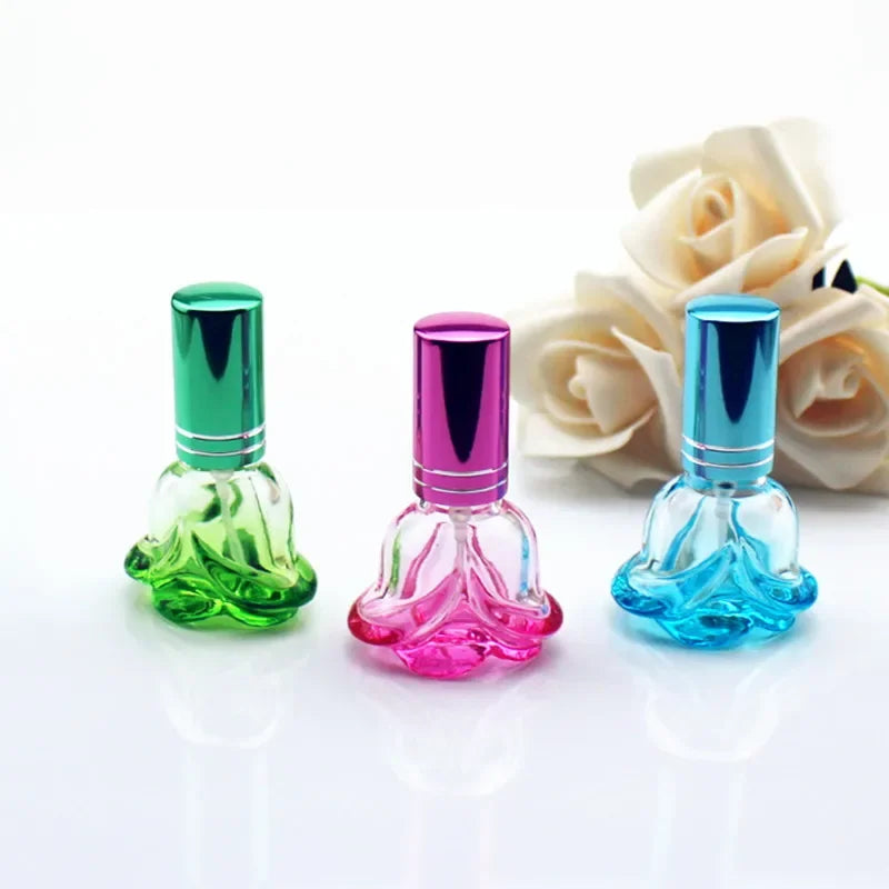 1PC 6ml Colorful Rose Shaped Empty Glass Perfume Bottle Small Sample Portable Parfume Refillable Scent Sprayer Bottles