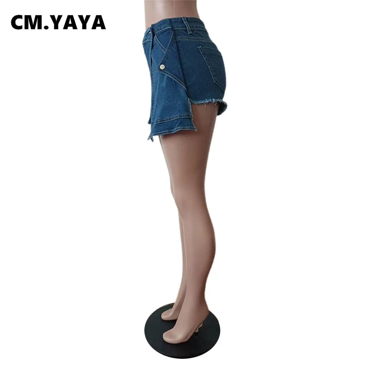 CM.YAYA Women Fashion Zipper Fly Wrap Front Flare Skirt Style Denim Shorts 2023 Street Vintage Blue Jeans Shorts