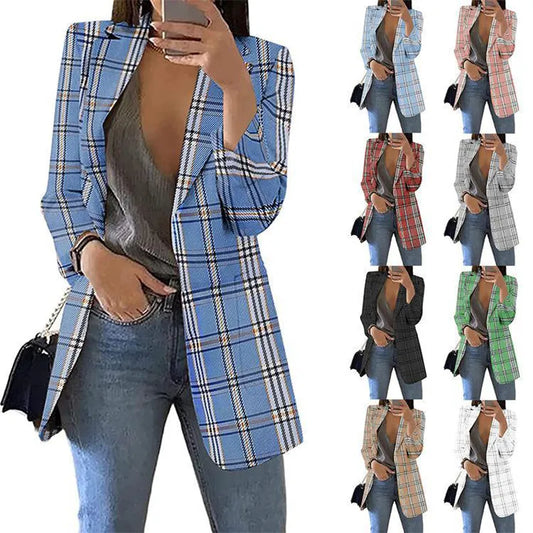 2023 Autumn/Winter Fashion Women's Cardigan Collar Plaid Slim Fit Suit Coat