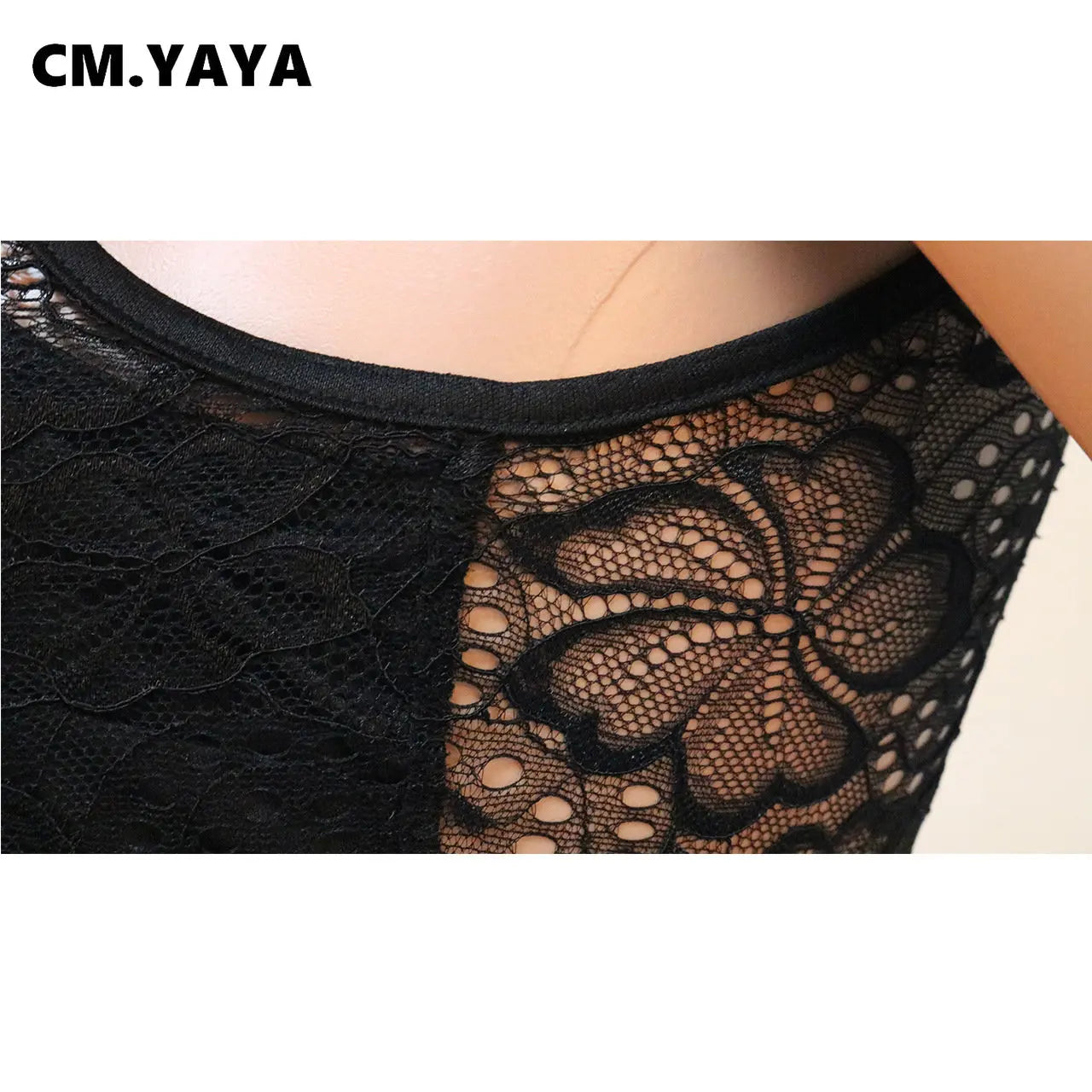 CM.YAYA Fashion Women Sleeveless Lace See Though Fur Side Skinny Stretchy Jumpsuit Streetwear Sexy One Piece Suit INS Playsuits