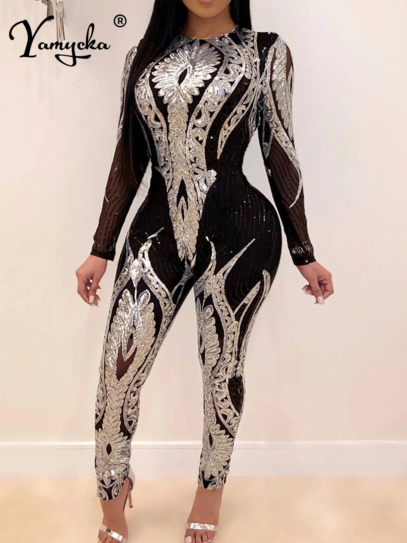 Sexy Long sleeve Sequin bodycon jumpsuit women body bodysuit one piece birthday party nightclub outfits womens jumpsuits overall