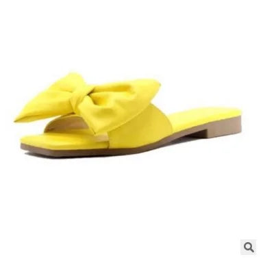 Fashion Summer Plus Size One-line Solid Color Bow Flat Sandals Outdoor Beach Slippers Elegant Women Shoes 2023