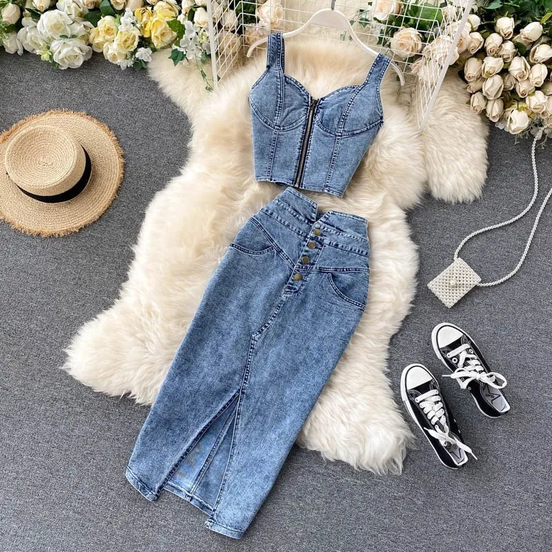 2024 Summer Women Skirt Two Piece Set Sexy V-Neck Ctopped Denim Vest High Waist Denim Skirts Korean Ladies Sleeveless Suits