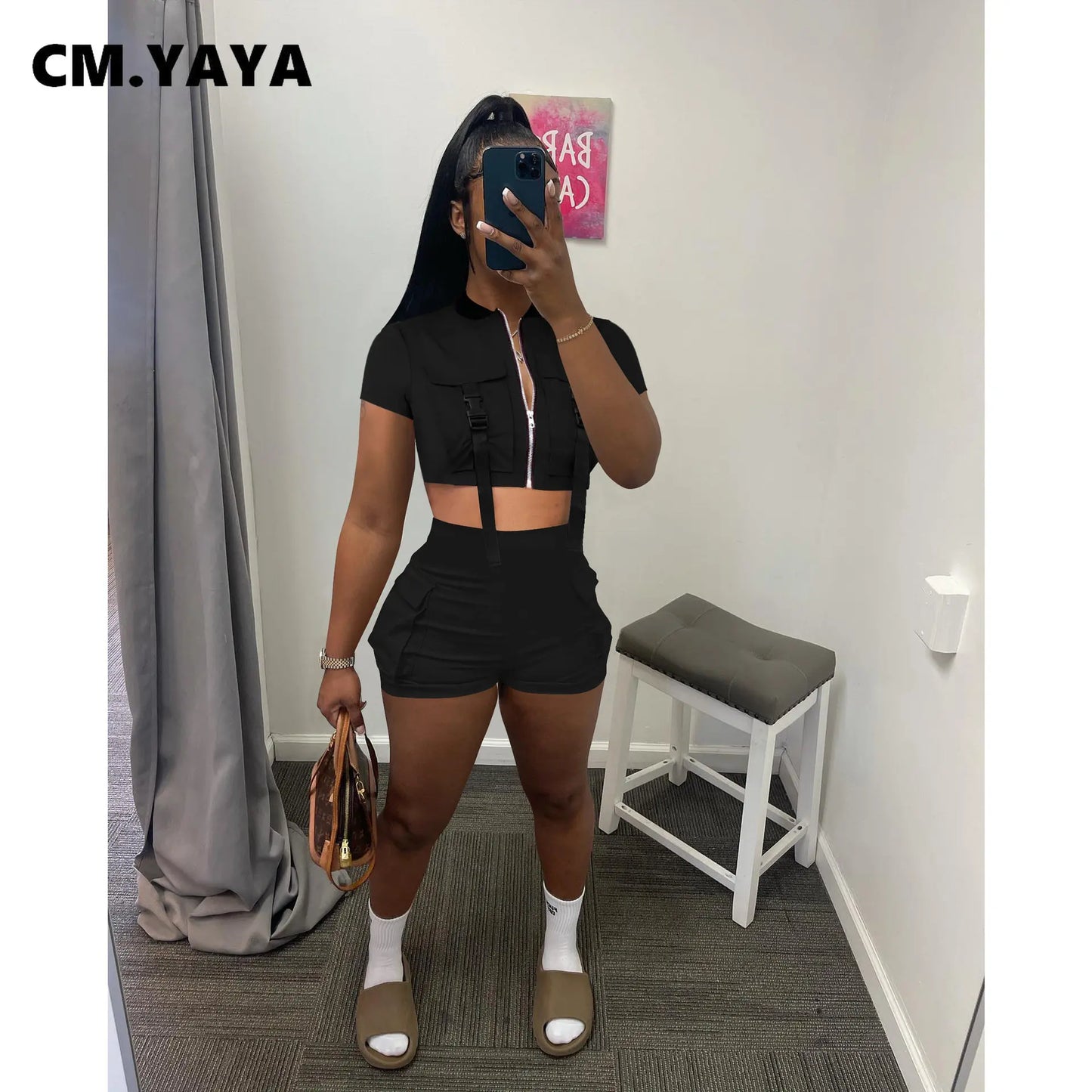 CM.YAYA Active Safari Style Women's Set Zipper Fly Track Top and Shorts Suit 2023 INS Sweatsuit Two 2 Piece Set Outfit Tracksuit