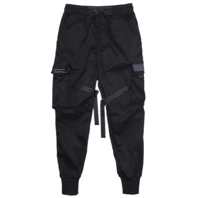 Men's Black Fashion Slim Fit Leisure Tactics Paratrooper Ribbon Cargo Pants Multifunctional Pockets Drawstring Sweat Pants