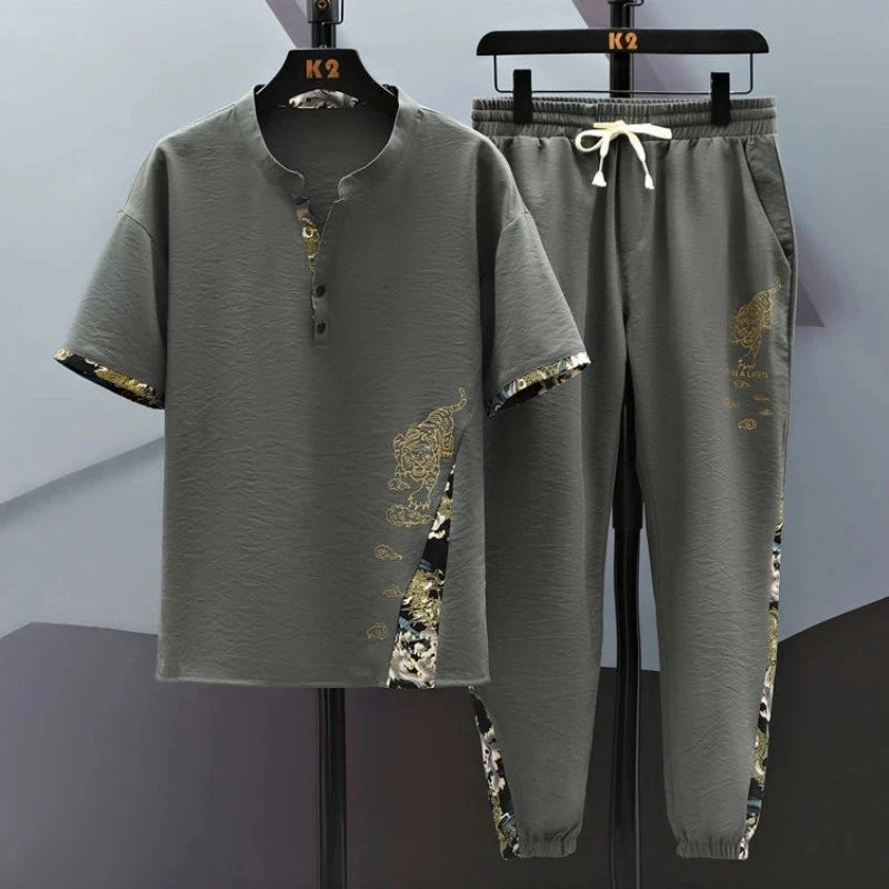 (Shirt + trousers) 2024 summer fashion men shirt Cotton shirts men's sets High quality shirts Two Piece size M-4XL TZ0195