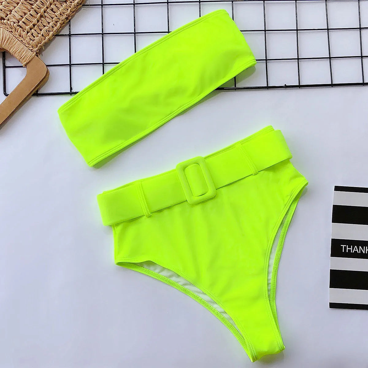 2023 Swimsuit Women Neon Green Strapless High Waist Bikini Beach Bathing Suit Waist Buckle Swimwear Maillot De Bain Femme XMB10