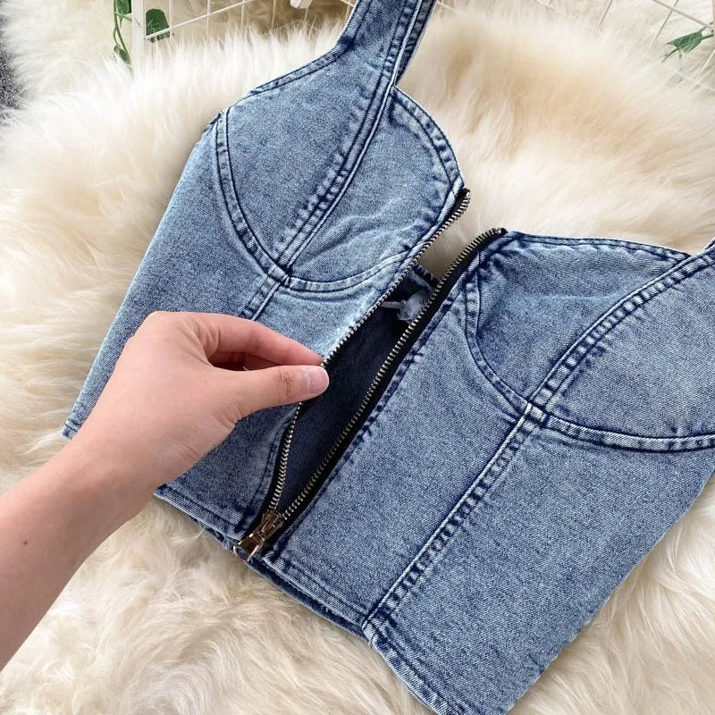 2024 Summer Women Skirt Two Piece Set Sexy V-Neck Ctopped Denim Vest High Waist Denim Skirts Korean Ladies Sleeveless Suits