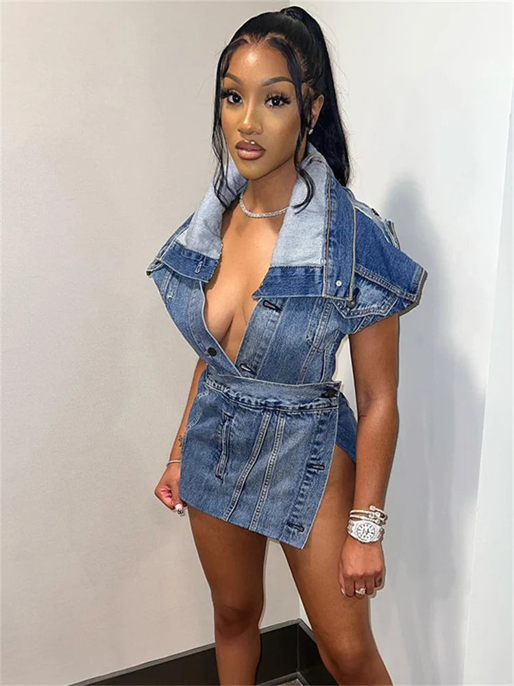 Wmstar Denim Two Piece Set Women 2023 Shorts Sets  Deep V Neck Coat and Skirts Fashion Street Wear Matching Sets Dropshipping