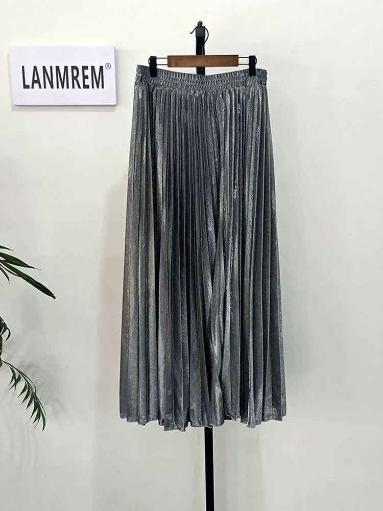 LANMREM 2024 new Spring fashion women clothes high waist A-line pleated sliver vintage elastic long halfbody skirt WH28501XL