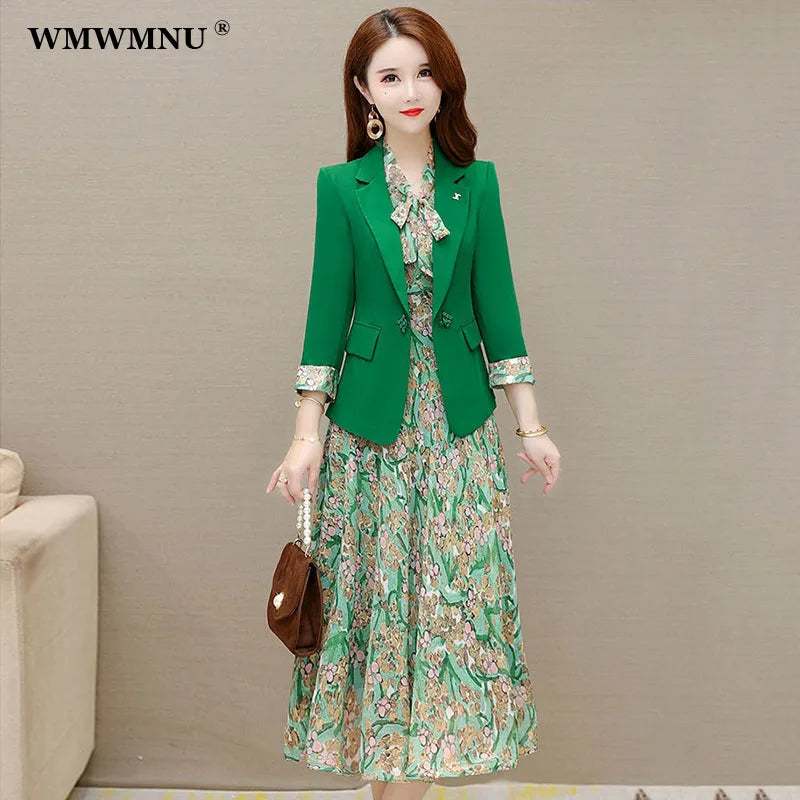 Women 2 Piece Set Elegant Floral Dress Suits Office Lady Korean Thin Unlined Blazer And Sleeveless Print Dresses Casual Outfits