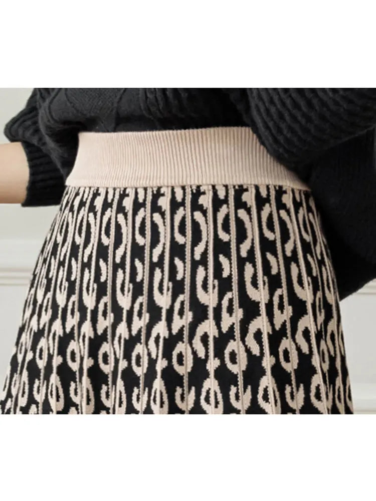 TIGENA Knitted Long Skirt Women Autumn Winter Fashion Leopard Printed A Line High Waist Pleated Midi Skirt Female Mid-length