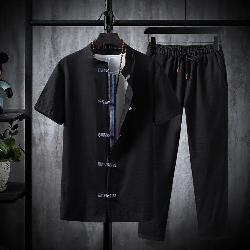 Shirts + Pants summer 100% Cotton linen shorts sleeve Men's Casual Sets Male Fashion trousers and shirts men full size M-5XL