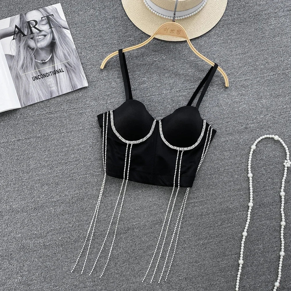 Women Chic Tassels  Pads Rhinestone Basic  Corset Straps Camis Slim  Hot Sexy Fashion Bare NavelBackless Tops Women Crop Top