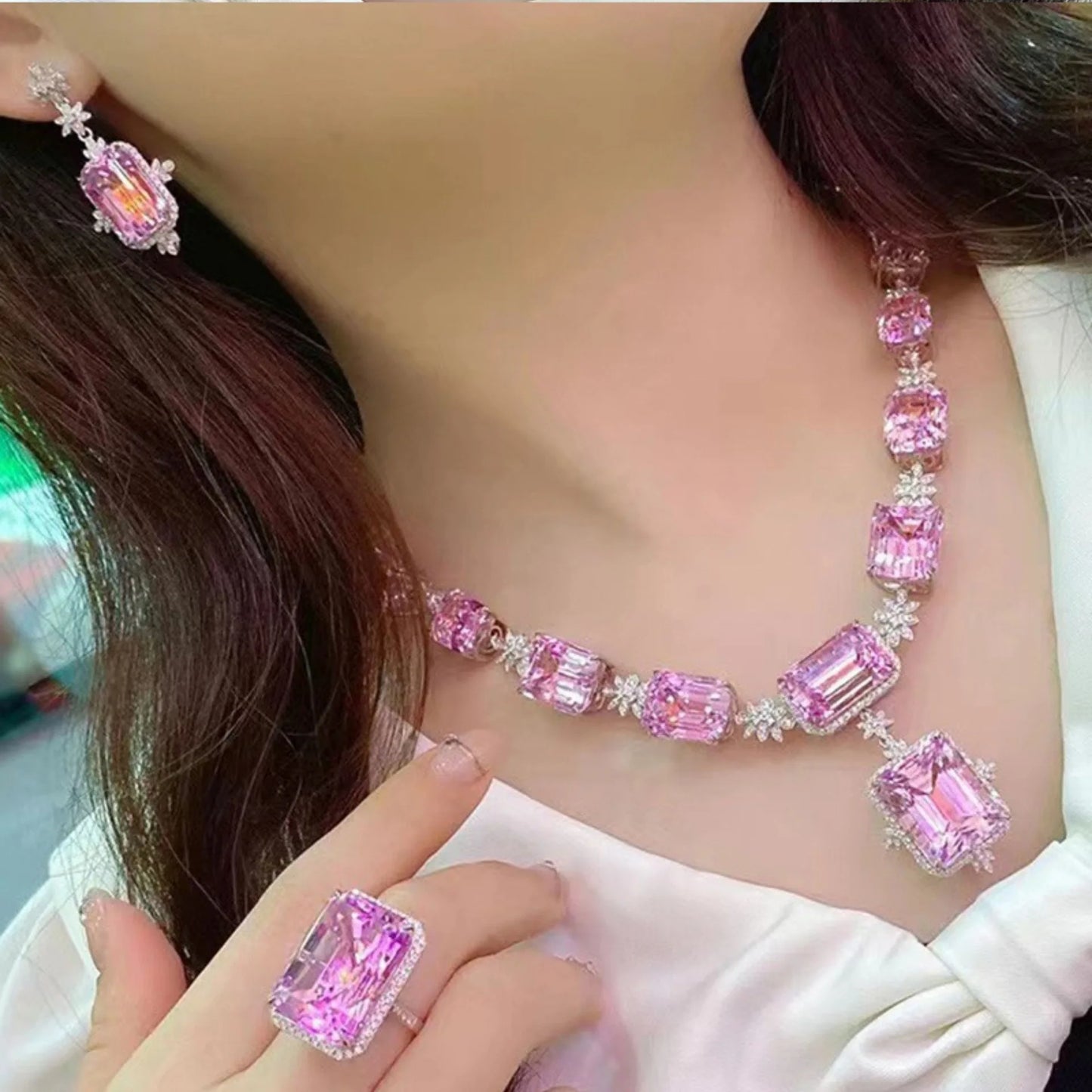 Luxury Female Pink Crystal Rings Jewelry Sets Charm Silver Color Wedding Drop Earrings For Women Luxury Bridal Choker Necklaces