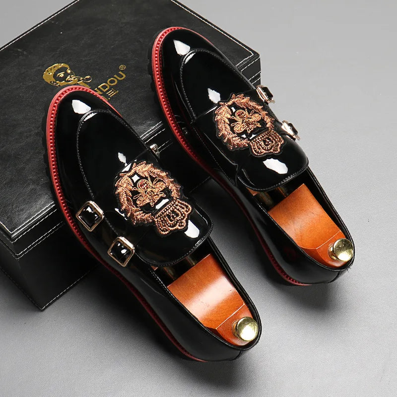 Man Double Monkstrap Embroidery Loafers Shoes Comfortable Moccasins For Men Sequins Bling Nighclub Party British Style