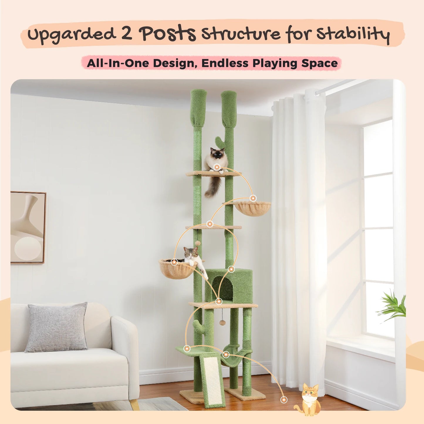 Cactus Cat Tree Floor to Ceiling Cat Tower with Adjustable Height 216-285CM 7 Tiers Climbing Tree with Cozy Hammocks and Condos