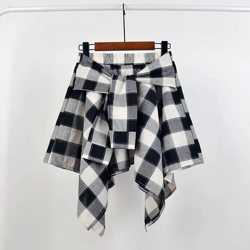 Summer Casual Retro Irregular Women Skirt Bow-knot Elastic Waist Shirt Style Blue White Lattice Mini A-line Shortskirt Female