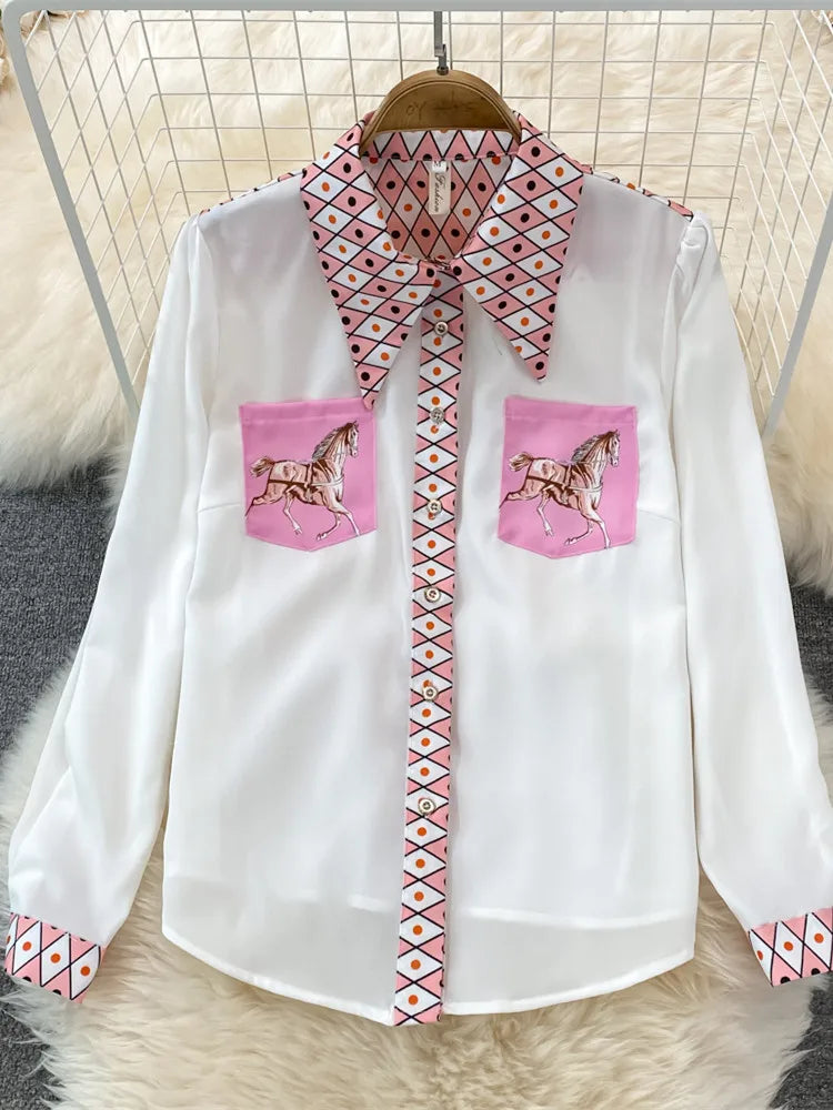 New 2022 Fashion Runway Summer Skirt Suit Women's Horse Geometry Print Blouse And A Line Pocket Buttons Skirt 2 Two Piece Set