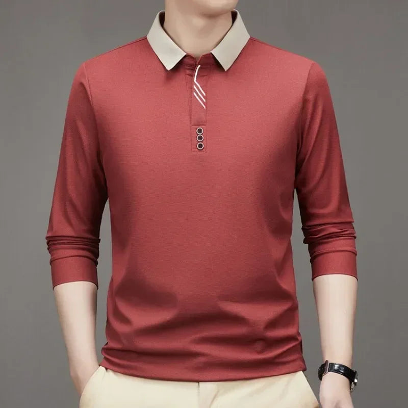 Men's Long Sleeve Turn-down Collar Waffle T-shirt Business Casual Contrast Line Polo Shirt