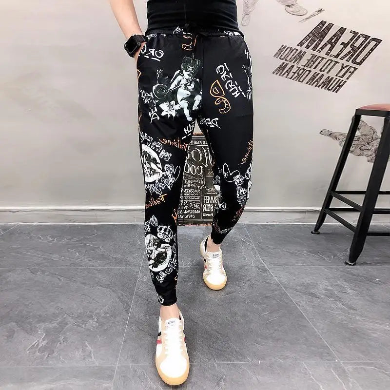 2023 Summer Fashion Personality Trendy Men's High Waist Lace Up Printed Pocket Slim Fit Versatile Social Guy Trendy Feet Pants