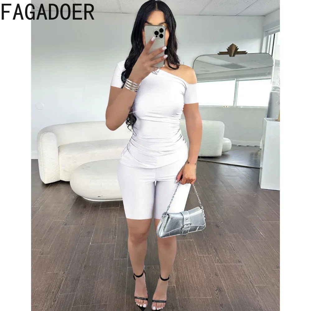 FAGADOER Fashion Solid One Shoulder Two Piece Sets Women Short Sleeve Slim Top And Biker Shorts Tracksuits Summer 2pcs Outfits