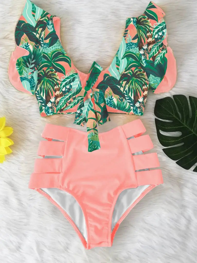 Floral Ruffled Hem Bikini Set Women Flora V-Neck High-Waisted Two Piece Swimsuit 2023 Girl Beach Bathing Suit Swimwear Biquinis