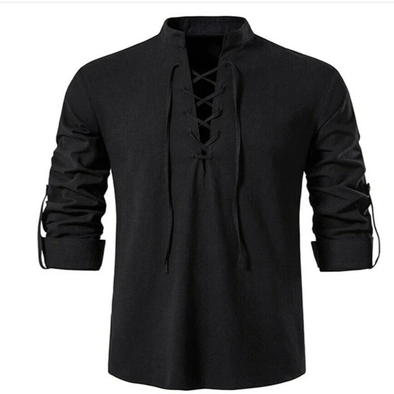 2022 New Men's V-neck shirt T-shirt Fashion  Long Sleeve Top men Casual Breathable  Front Lace Up man Shirts