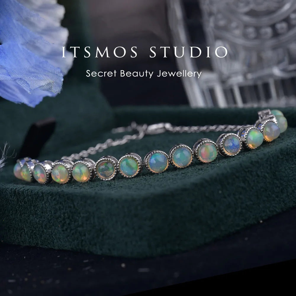 ITSMOS Natural Blue Green Opal Silver Bracelet s925 Sterling Silver Pendant Round Bangle Classic Jewelry for Women Special Gift