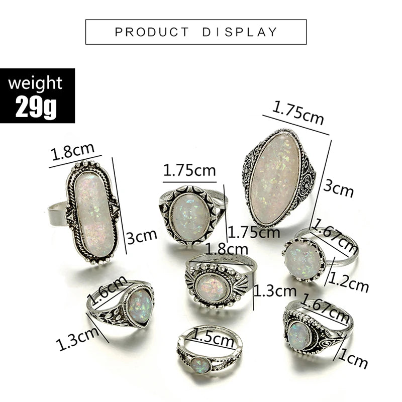 Tocona-set of vintage rings, silver colour, coloured OPAL, carved stone, Bohemian jewels for women and men