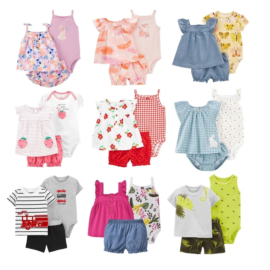 Infant Toddler Baby Girl Boy Clothes Set 2024 Summer Bebe T-shirt+Bodysuit+Shorts 3Pieces Suit New born Baby Outfit