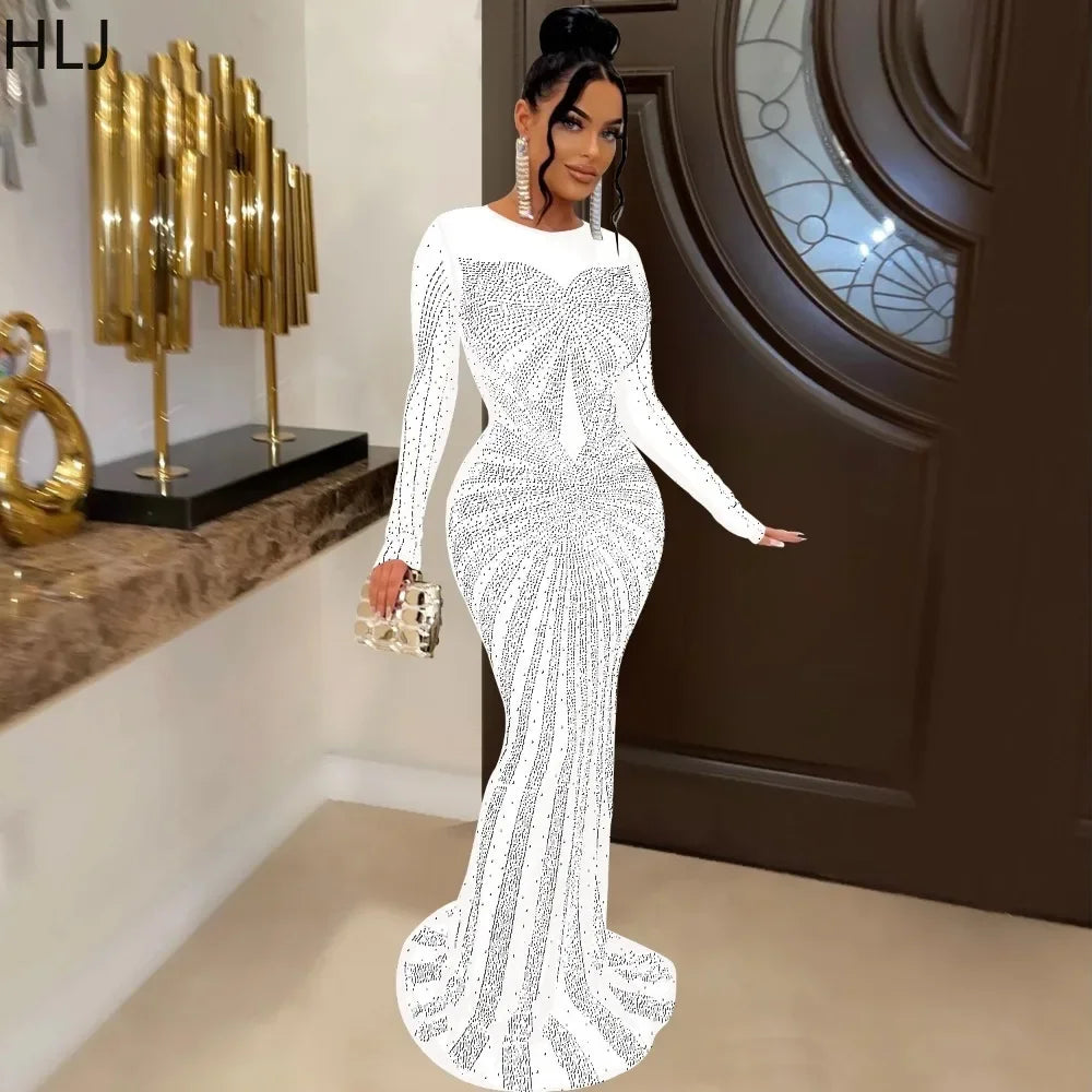 HLJ Fashion Luxury Rhinestone Mesh Perspective Evening Party Dresses Women Round Neck Long Sleeve Patchwork Floor Dress Vestidos