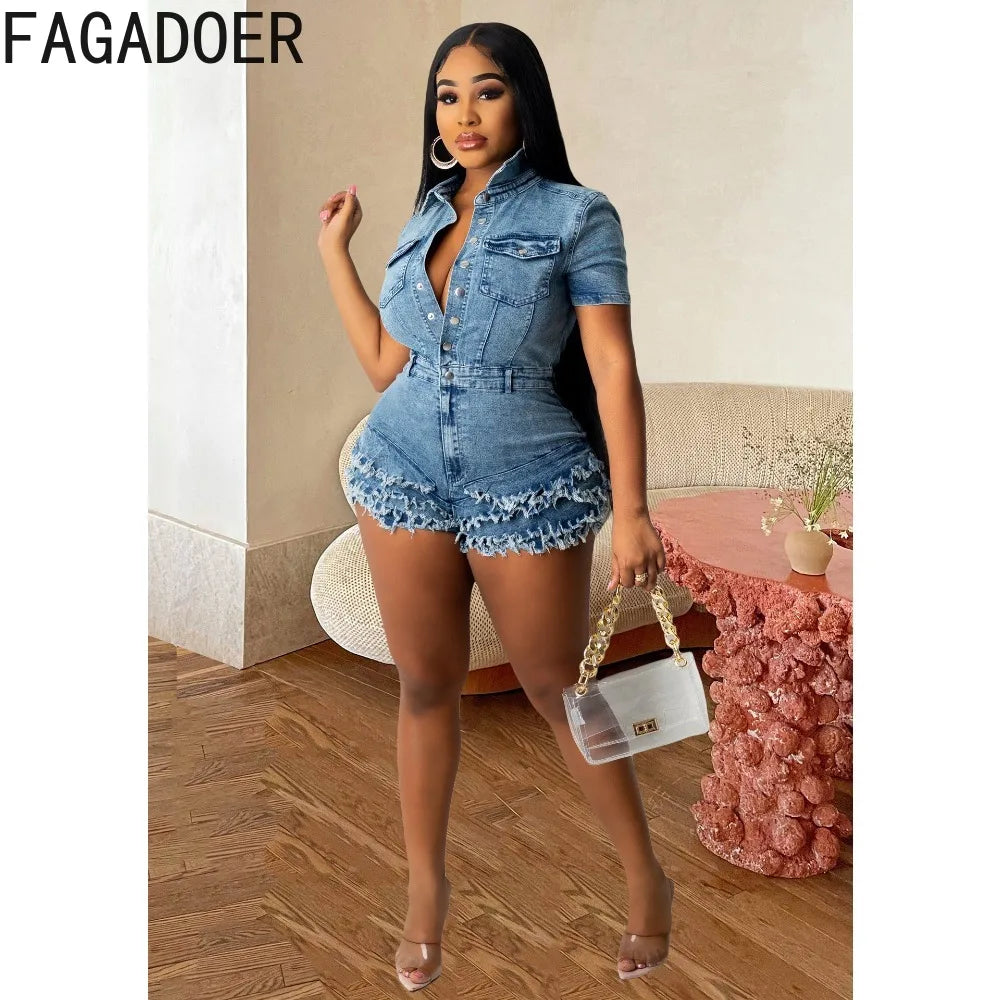 FAGADOER Fashion Denim Fur Tassels Shorts Rompers Women Turndown Collar Short Sleeve Slim Jumpsuits Casual Solid Button Overalls