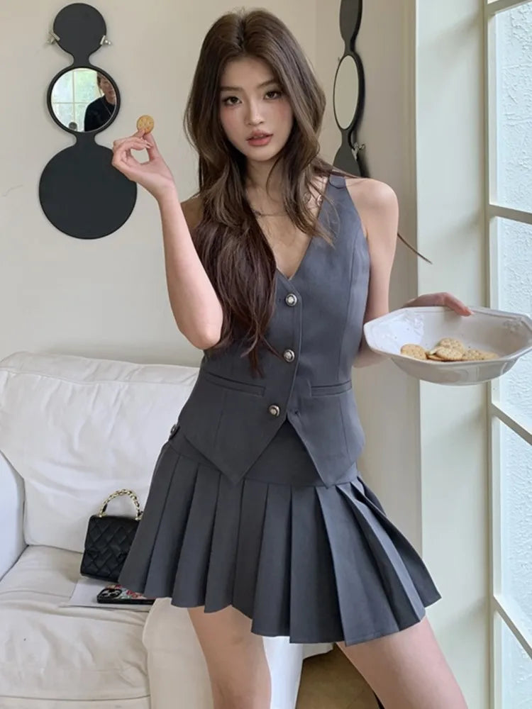 Korean Fashion Summer Pleated Skirt 2 Piece Set Women Elegant Sleeveless Button Tops+Wide Leg Pants Suits Y2k Casual Outfits