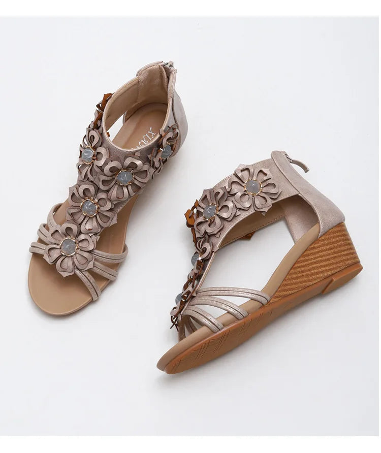 1418-510 Ethnic Retro Sandals For Women New Summer Seaside Resort Flowers Bohemia Slope Heel Caligae Shoes