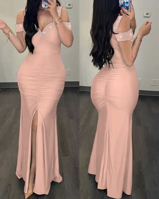 Women's Evening Dresses Fashion Clothes Rhinestone Cold Shoulder Slit Ruched Party Elegant Long Bodycon Dress for Women 2023