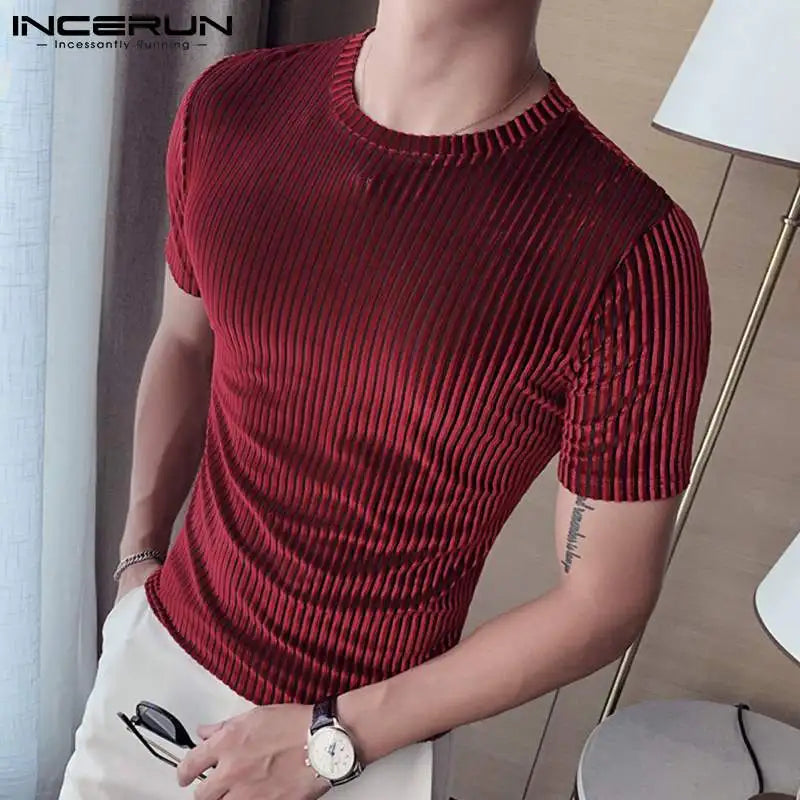 Men Casual T Shirt Velour Round Neck Short Sleeve Solid Color Streetwear Men Clothing 2023 Pleated Fashion Camisetas 3XL INCERUN