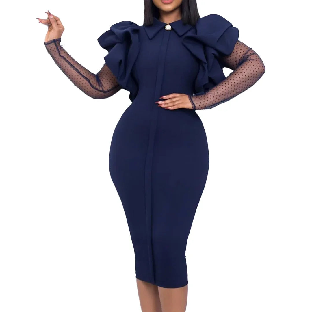 African Dresses for Women African Ruffles Patchwork Mesh Long Sleeve Elegant Office Ladies Work Wear Autumn Winter Midi Dress