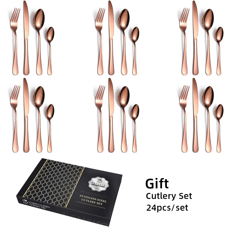 24Pcs Gold Cutlery Specular Light Stainless Steel Steak Knife Fork Spoon Teaspoon Upscale Restaurant Cutlery Set With Gift Box