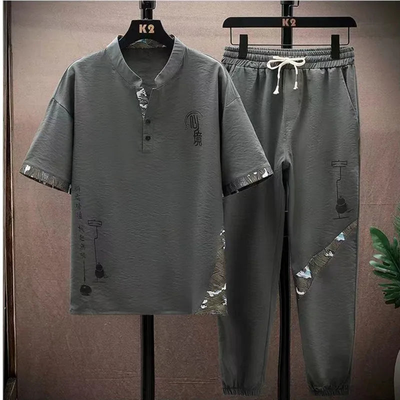 (Shirt + trousers) 2024 summer fashion men shirt Cotton shirts men's sets High quality shirts Two Piece size M-4XL TZ0195