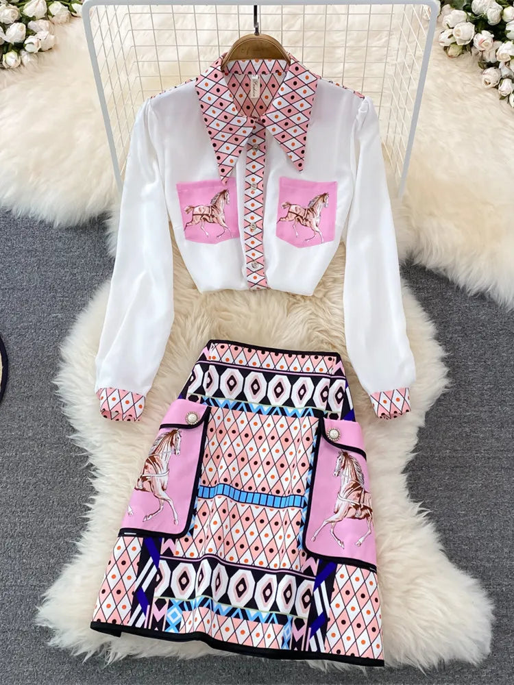 New 2022 Fashion Runway Summer Skirt Suit Women's Horse Geometry Print Blouse And A Line Pocket Buttons Skirt 2 Two Piece Set