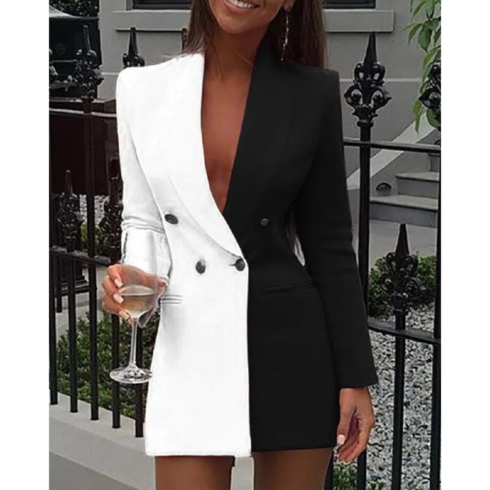 Women Blazer Elegant Office Lady Suit Thin Spring V-neck Female Long Sleeve New Patchwork Slim OL Double Breasted Dress Coat