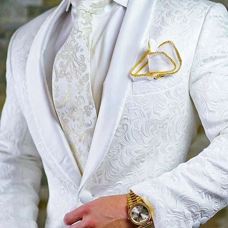 Wedding Blazer Men Suits Single Breasted Shawl Lapel White Jacquard Fabric Two Piece Jacket Pants Elegant Groom Costume 2023