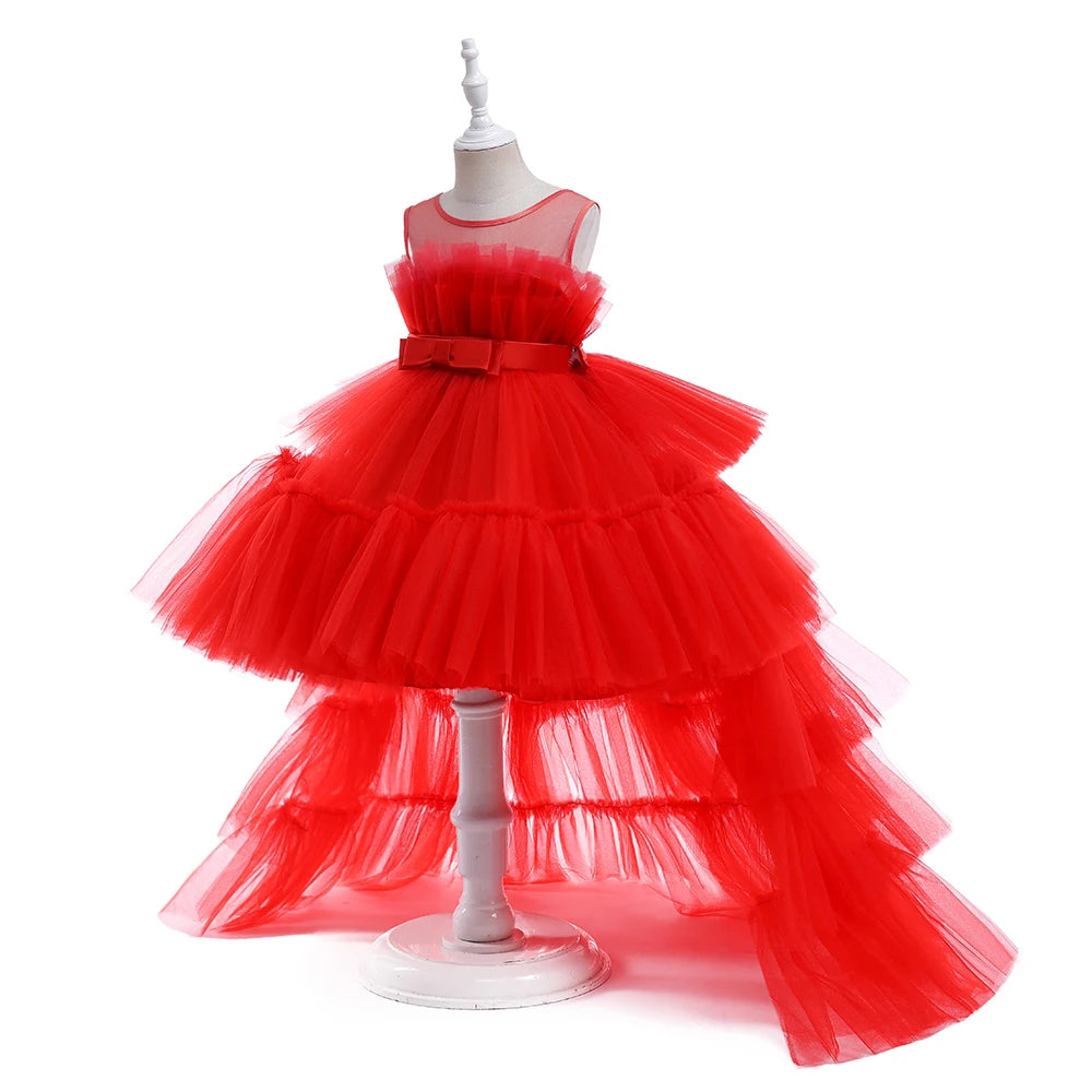 Red Puffy Tulle Flower Girls Dress Trailing First Communion Party Dresses For Girl Children Costume Princess Birthday Clothes