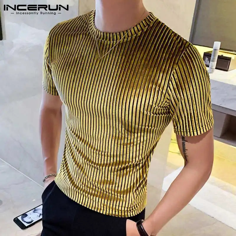 Men Casual T Shirt Velour Round Neck Short Sleeve Solid Color Streetwear Men Clothing 2023 Pleated Fashion Camisetas 3XL INCERUN