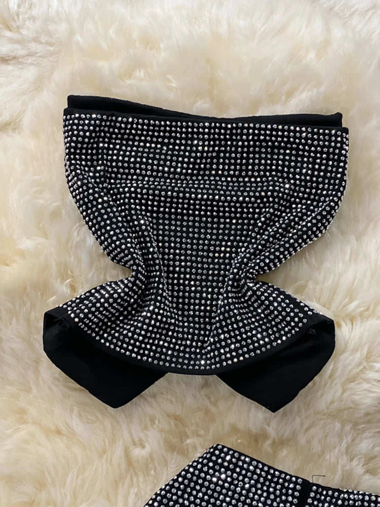 Sexy Women Black/White Diamonds Two Piece Set Party Slash Neck Off Shoulder Camis Tops + High Waist Pants Female Suit Autumn New