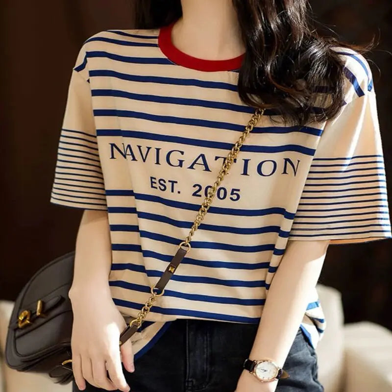 Spring Summer New O-Neck Letter Printing Short Sleeve Cotton Striped T-shirt Women's Clothing Loose Fashion Casual Tops